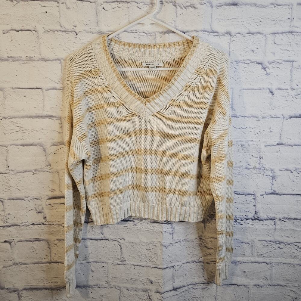 American Eagle Striped V-Neck Crop Pullover Beige Tan Sweater XS